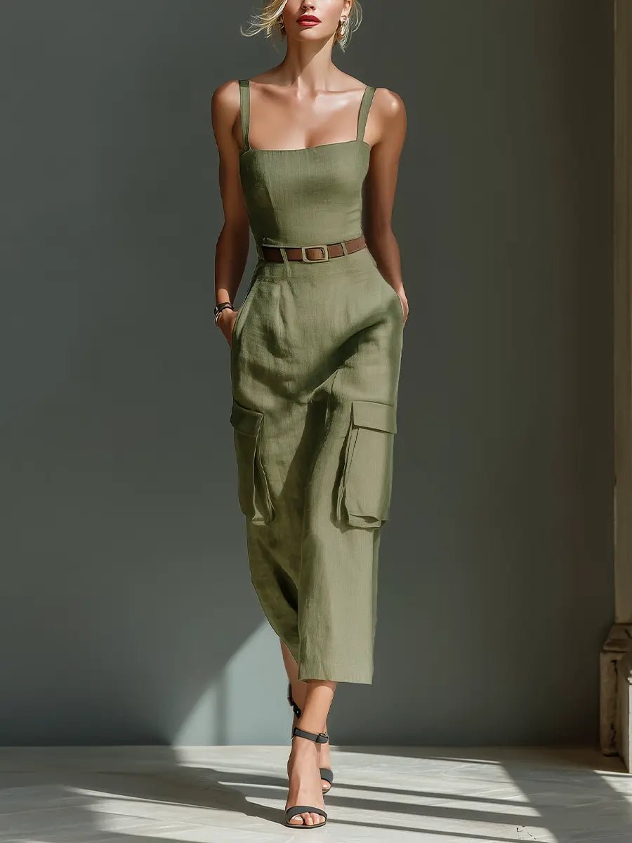 Leonie | Damen Leinen Cargo Midi Kleid mit Gürtel und Taschen