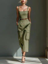 Leonie | Damen Leinen Cargo Midi Kleid mit Gürtel und Taschen