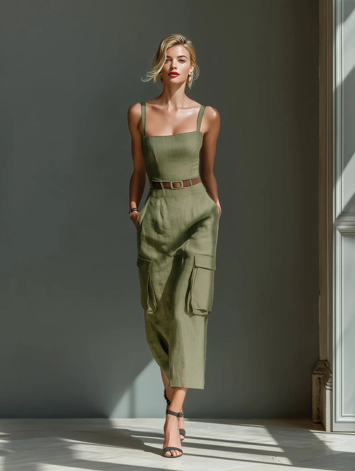 Leonie | Damen Leinen Cargo Midi Kleid mit Gürtel und Taschen