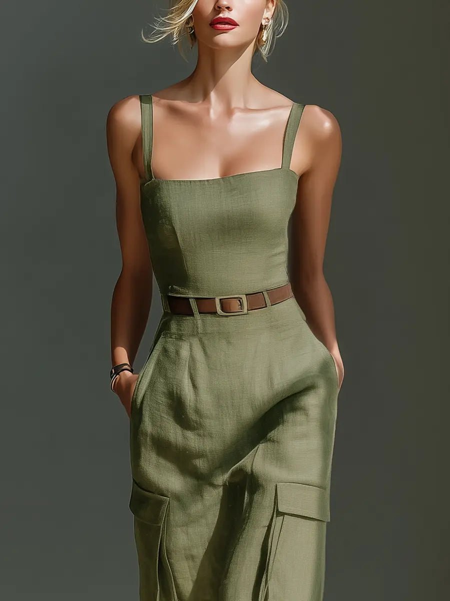 Leonie | Damen Leinen Cargo Midi Kleid mit Gürtel und Taschen