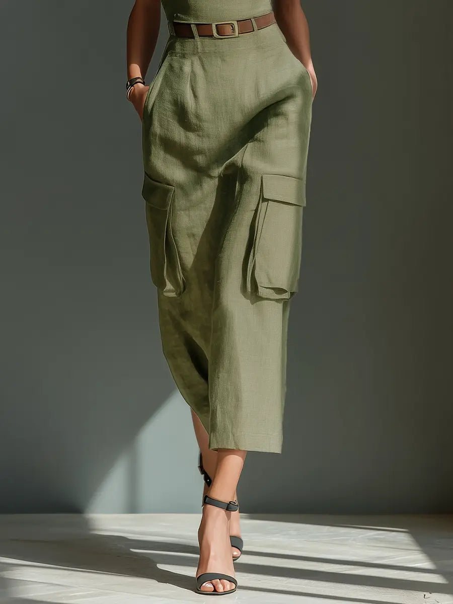 Leonie | Damen Leinen Cargo Midi Kleid mit Gürtel und Taschen