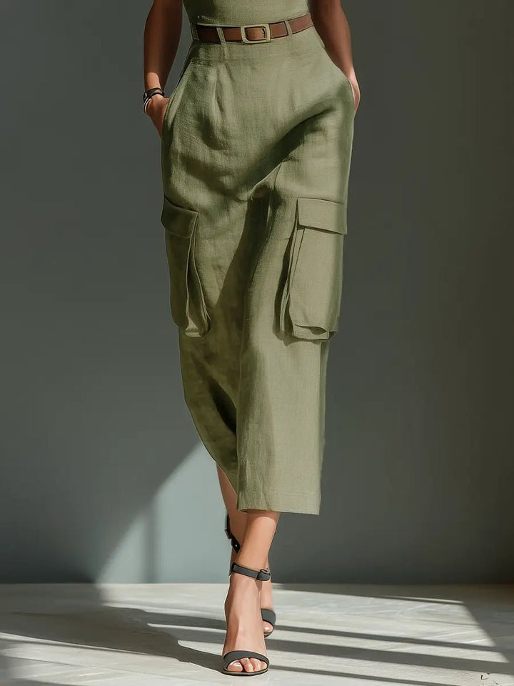 Leonie | Damen Leinen Cargo Midi Kleid mit Gürtel und Taschen