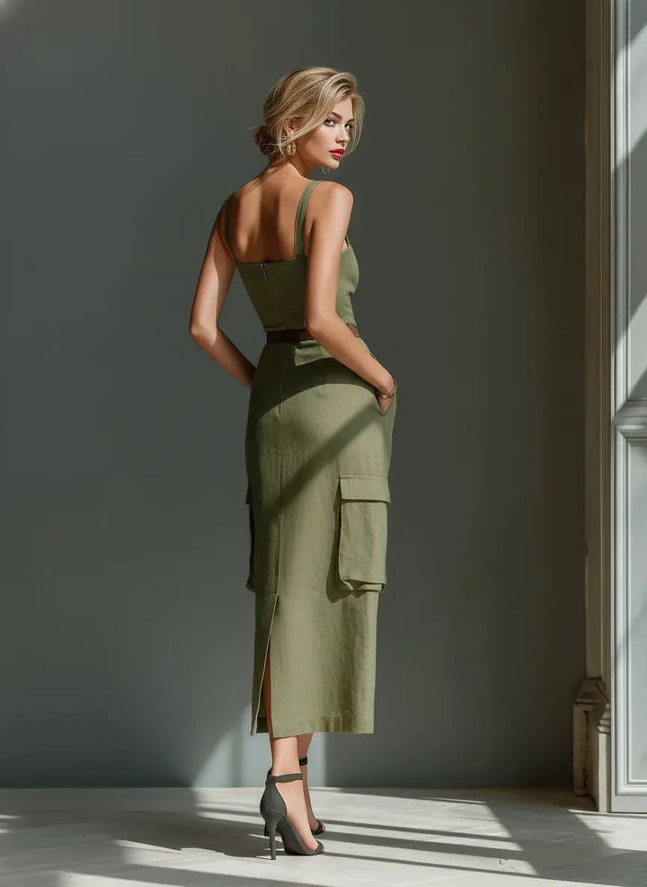 Leonie | Damen Leinen Cargo Midi Kleid mit Gürtel und Taschen