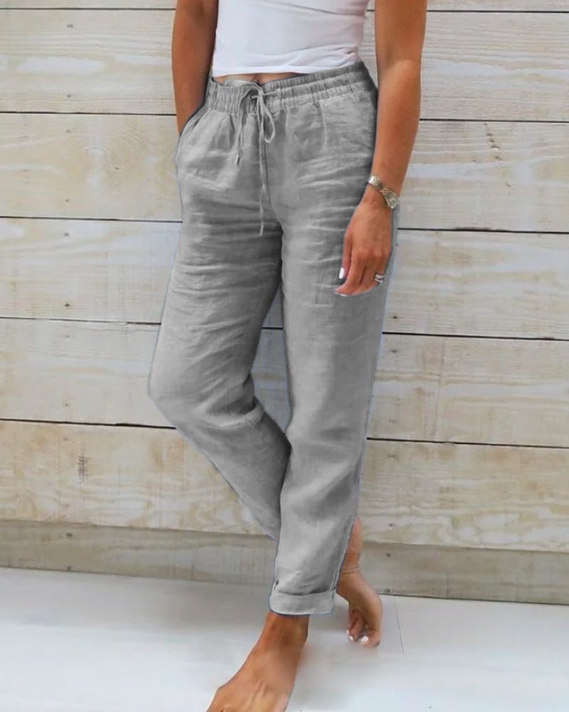 Hannah | Damen Leinen Kordelzug Gummibund Gerade Hose