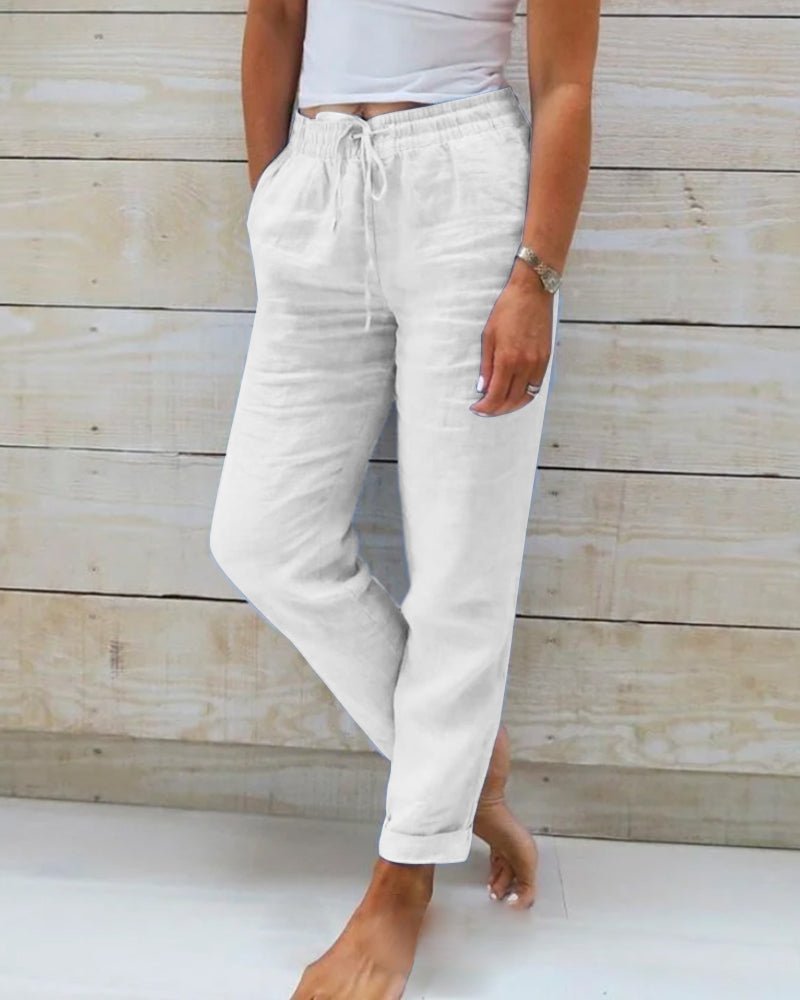 Hannah | Damen Leinen Kordelzug Gummibund Gerade Hose