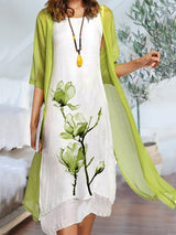 Johanna | Damen Leinen Midi-Kleid mit Chiffon-Cardigan Set