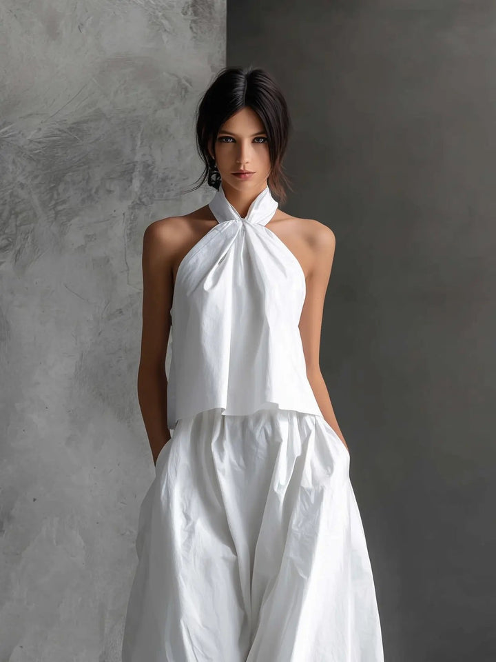 Leonie | Damen Leinen Neckholder Top Rock Set zweiteilig ärmellos