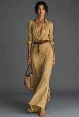Johanna | Damen Leinen Wickel Langarm Maxi Kleid