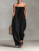 Hannah | Damen Leinen Wide-Leg Trägerloser Jumpsuit mit Bindeverschluss