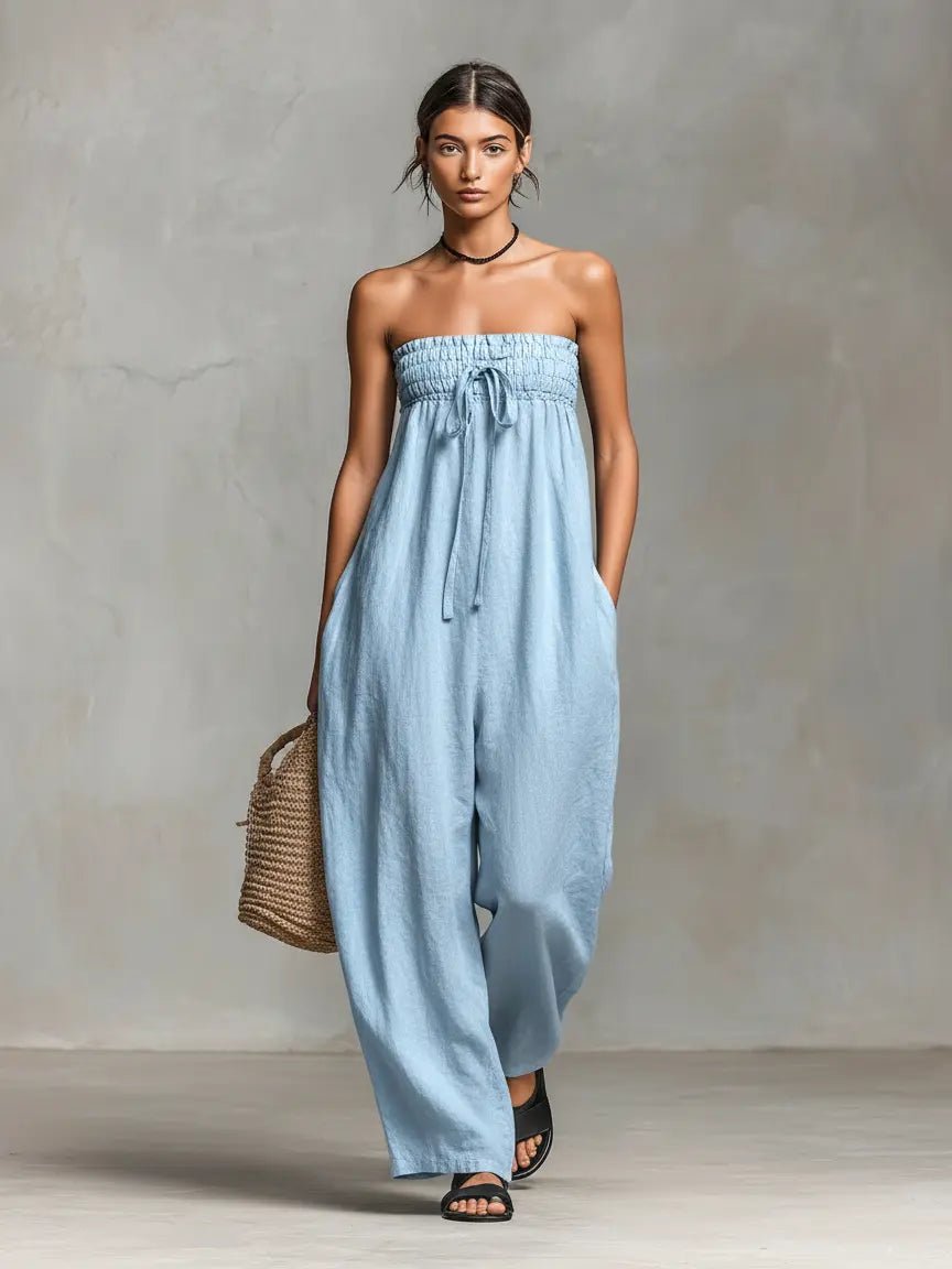 Hannah | Damen Leinen Wide-Leg Trägerloser Jumpsuit mit Bindeverschluss