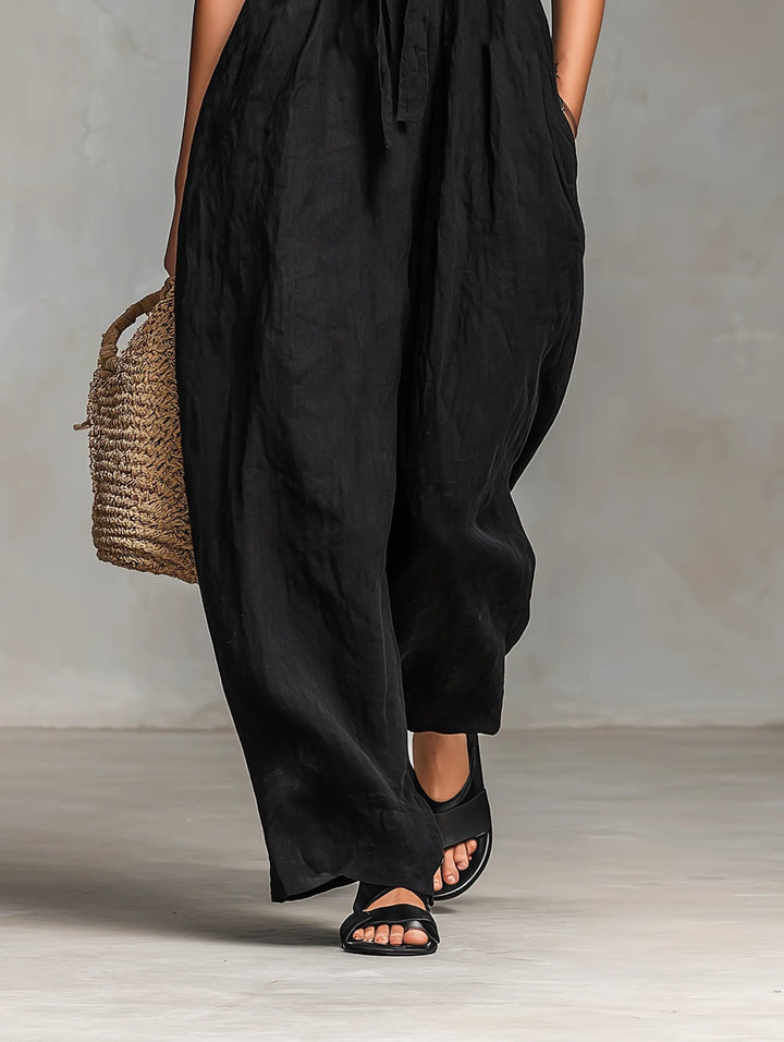 Hannah | Damen Leinen Wide-Leg Trägerloser Jumpsuit mit Bindeverschluss