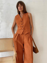 Annika | Damen Leinen Zweiteiler Westen-Set mit weiten Plissee-Hosen