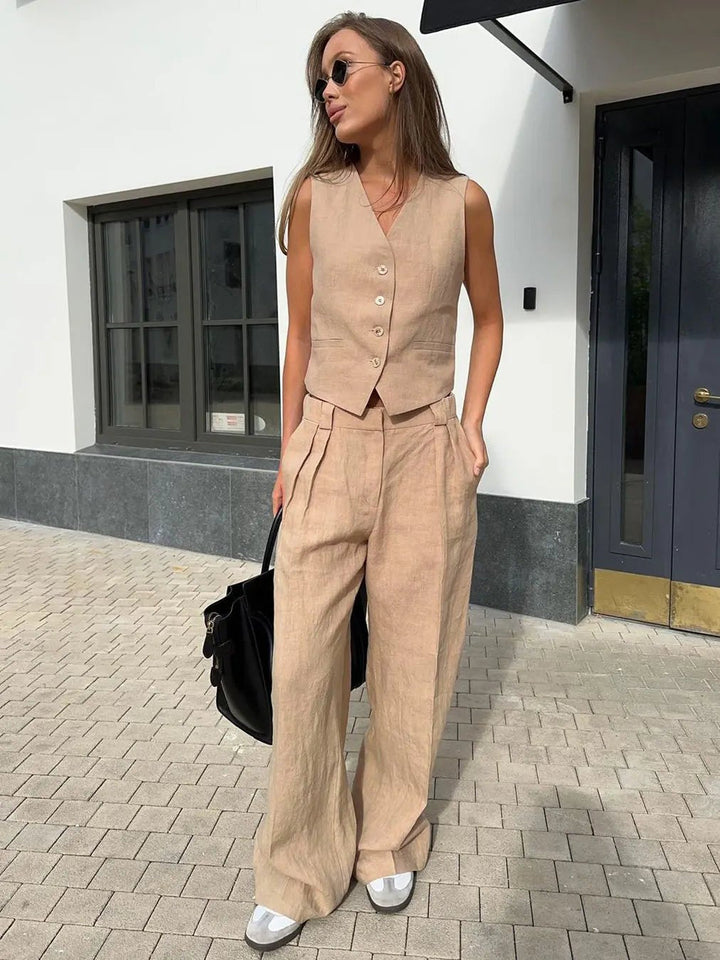 Annika | Damen Leinen Zweiteiler Westen-Set mit weiten Plissee-Hosen