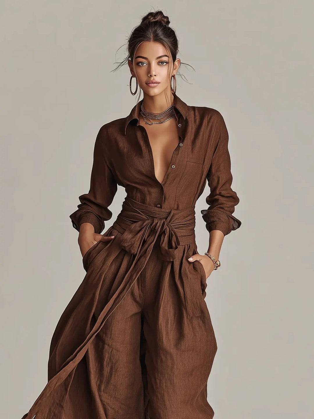 Annika | Damen Linen Langarm Hemdkragen Gürtel Jumpsuit