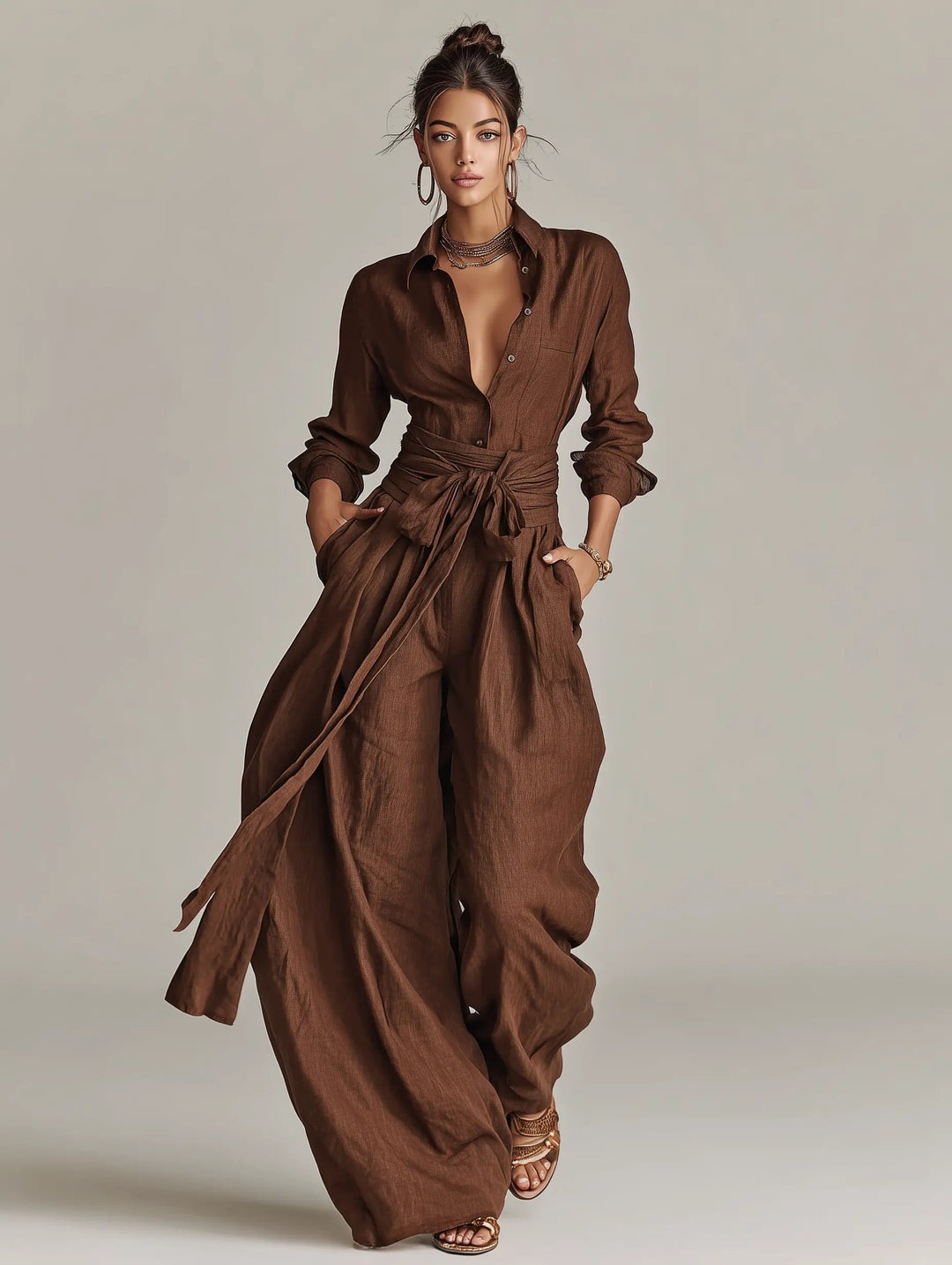 Annika | Damen Linen Langarm Hemdkragen Gürtel Jumpsuit