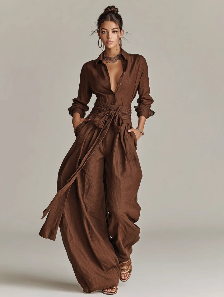 Annika | Damen Linen Langarm Hemdkragen Gürtel Jumpsuit