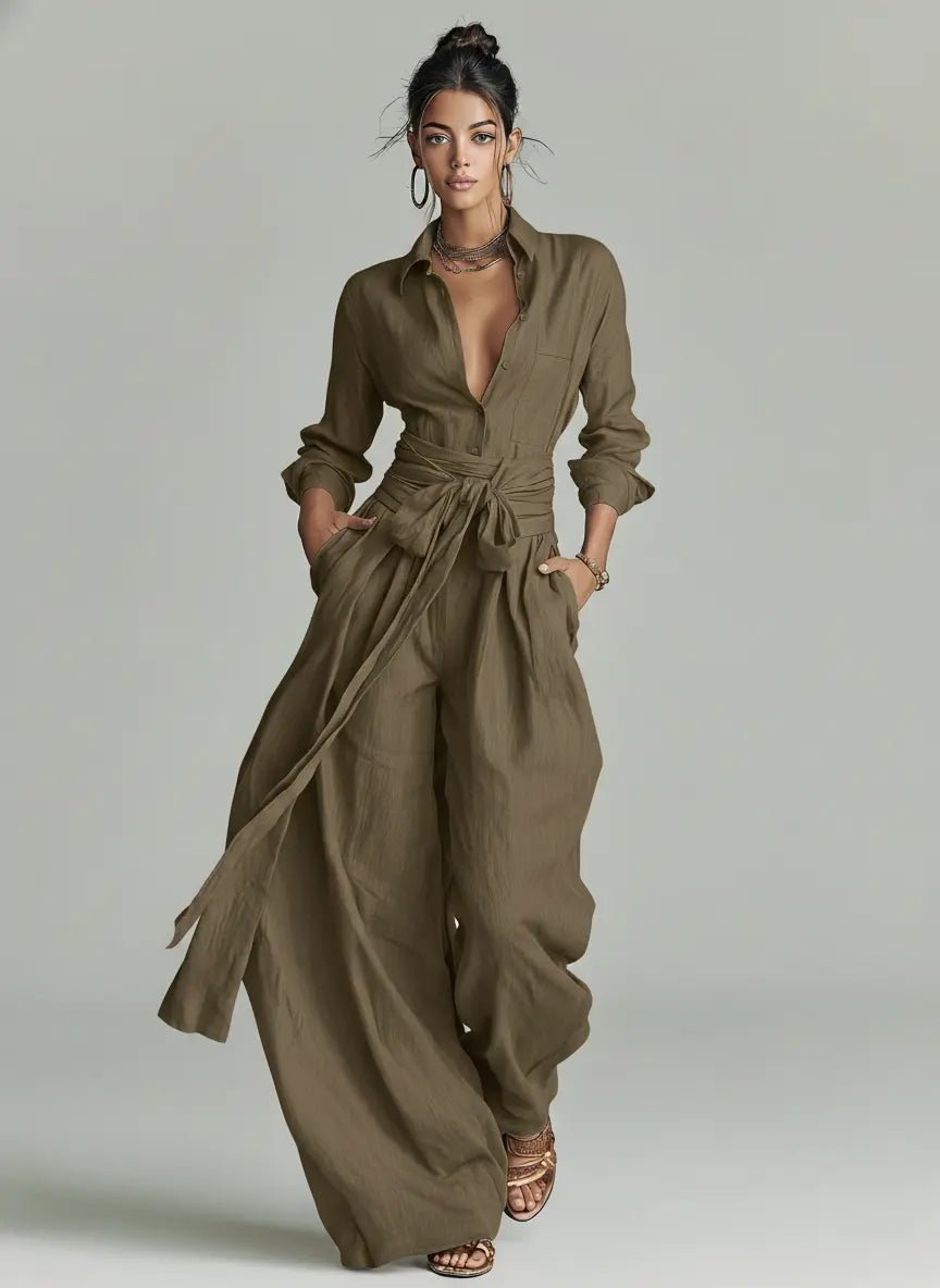 Annika | Damen Linen Langarm Hemdkragen Gürtel Jumpsuit