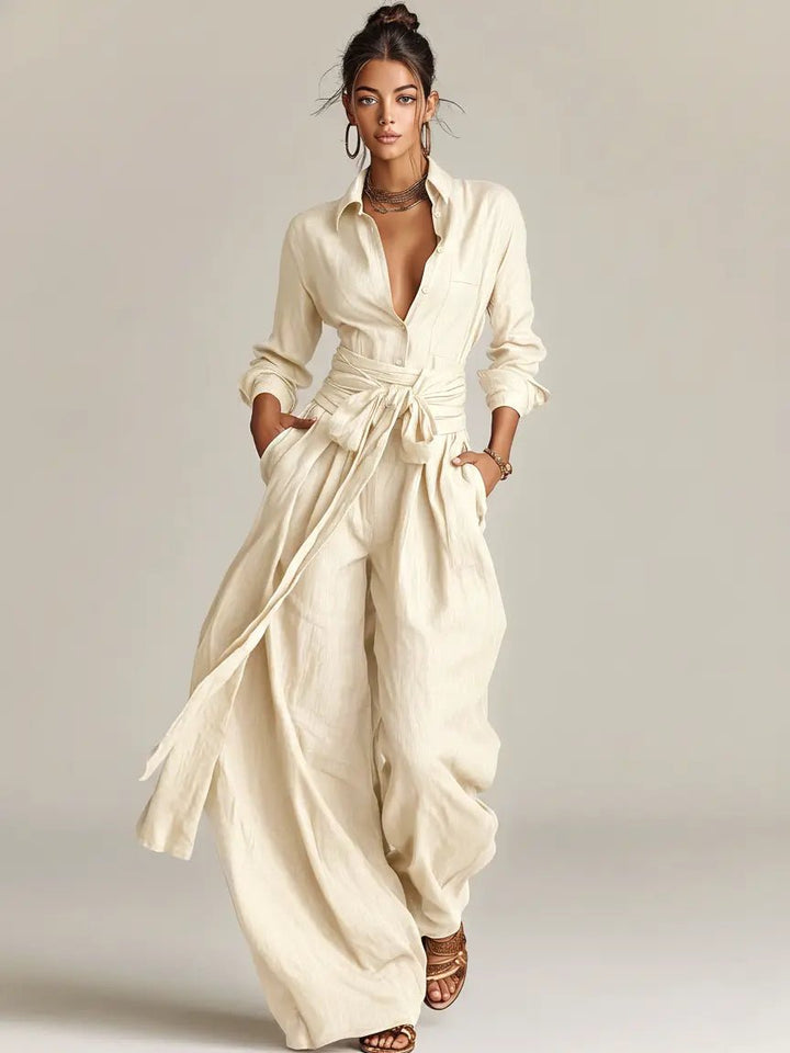Annika | Damen Linen Langarm Hemdkragen Gürtel Jumpsuit