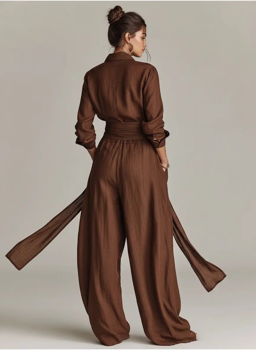 Annika | Damen Linen Langarm Hemdkragen Gürtel Jumpsuit