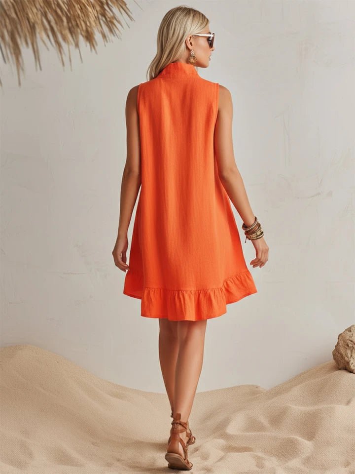 Mia | Damen Linen Stehkragen Reißverschluss Rüschen Mini Kleid