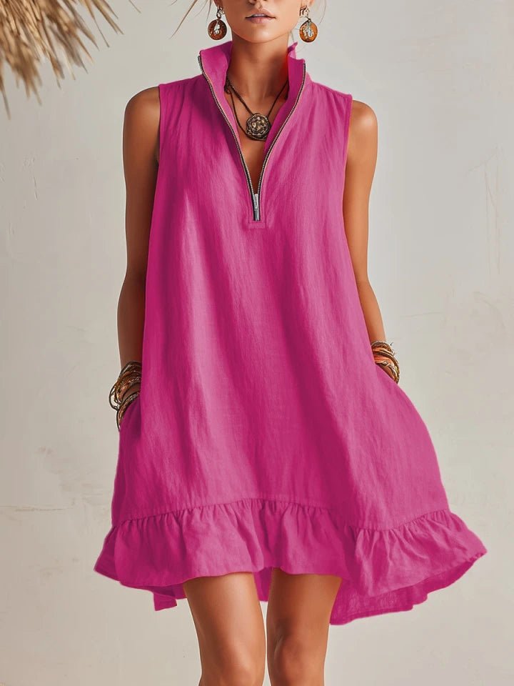 Mia | Damen Linen Stehkragen Reißverschluss Rüschen Mini Kleid