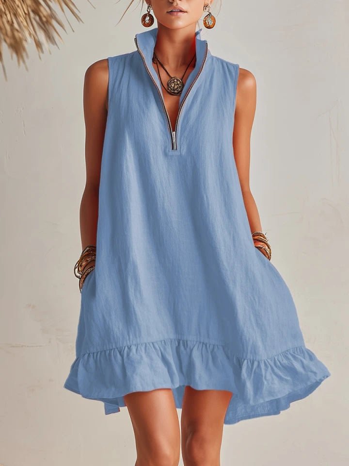 Mia | Damen Linen Stehkragen Reißverschluss Rüschen Mini Kleid