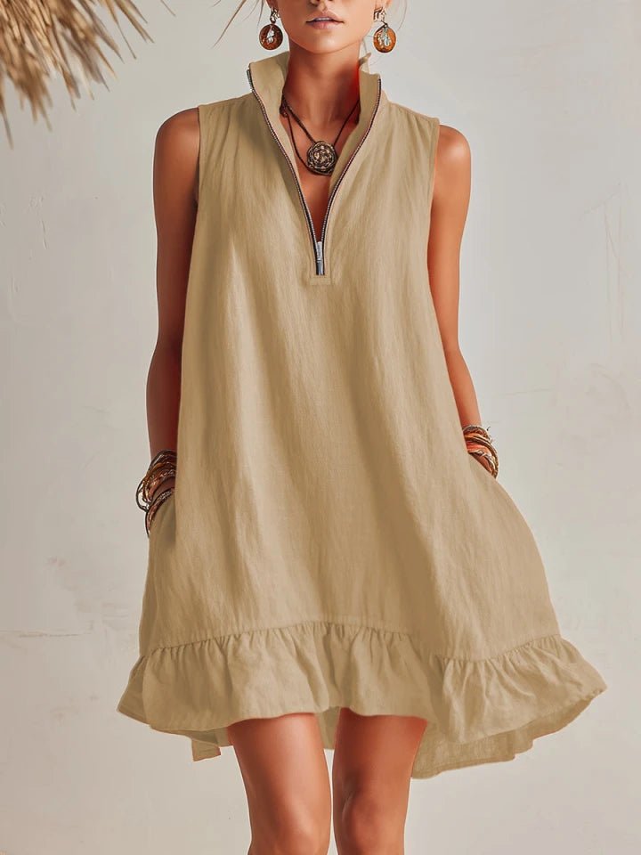 Mia | Damen Linen Stehkragen Reißverschluss Rüschen Mini Kleid