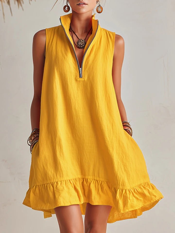 Mia | Damen Linen Stehkragen Reißverschluss Rüschen Mini Kleid