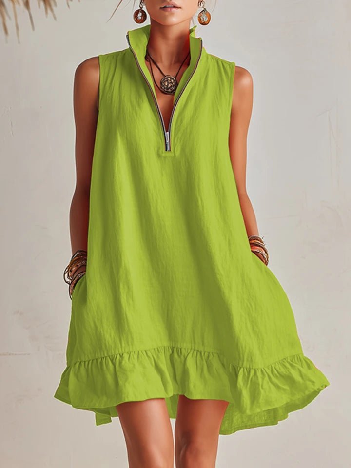 Mia | Damen Linen Stehkragen Reißverschluss Rüschen Mini Kleid