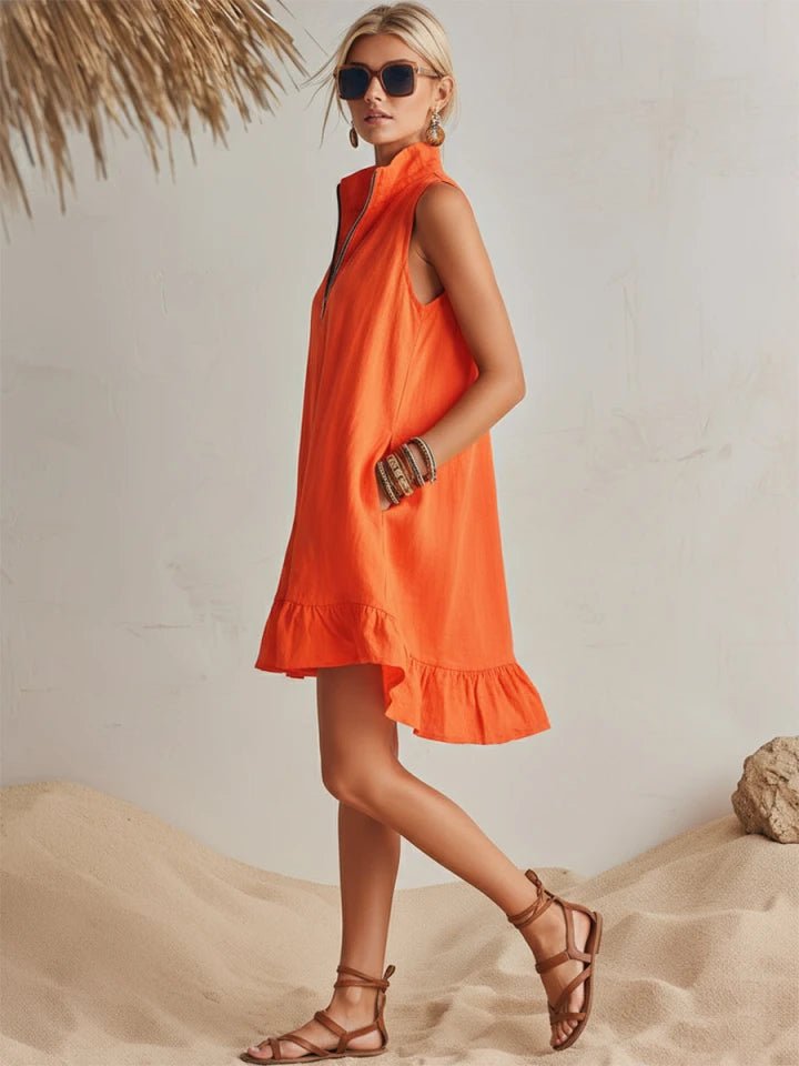 Mia | Damen Linen Stehkragen Reißverschluss Rüschen Mini Kleid