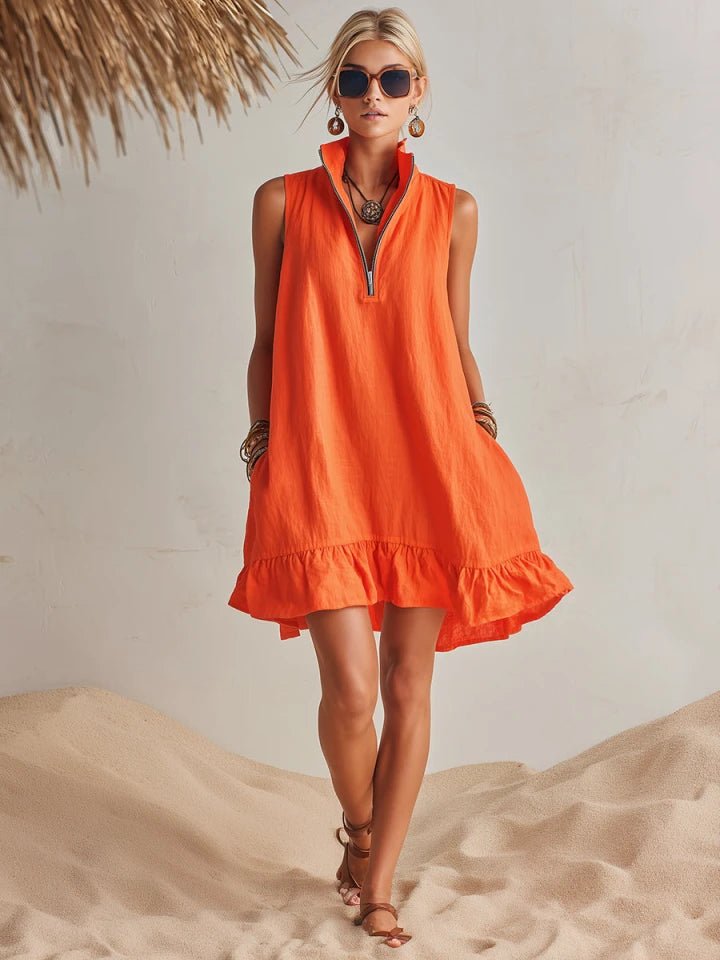 Mia | Damen Linen Stehkragen Reißverschluss Rüschen Mini Kleid