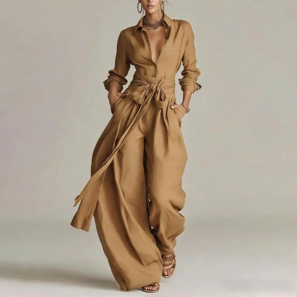 Clara | Damen Linen Weite High-Waist Co-Ord Set mit Hemdbluse