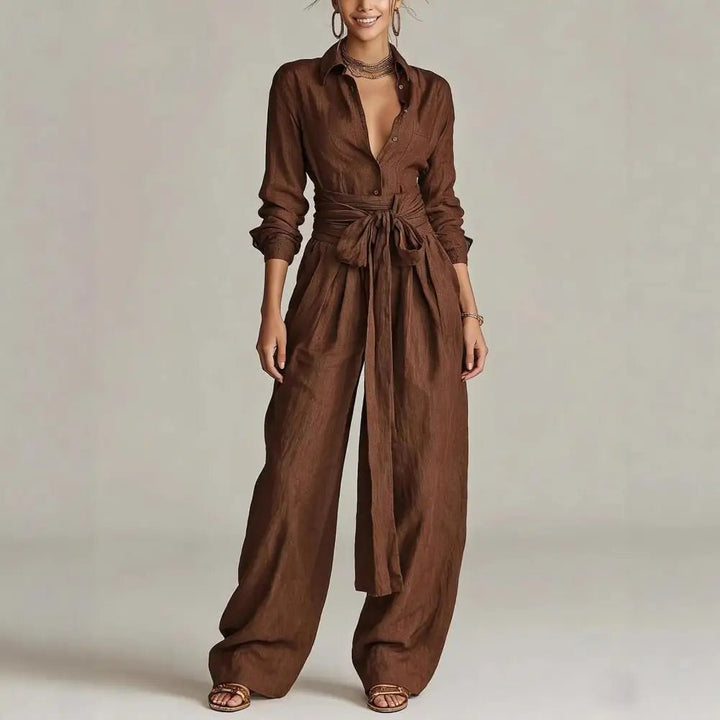 Clara | Damen Linen Weite High-Waist Co-Ord Set mit Hemdbluse