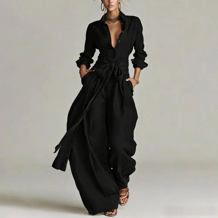 Clara | Damen Linen Weite High-Waist Co-Ord Set mit Hemdbluse
