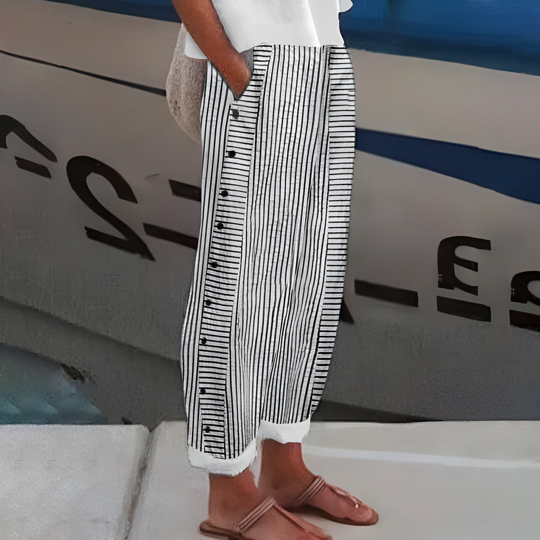 Hannah | Damen Linnen Gestreifte Relaxed-Fit Seitentaschen Hose