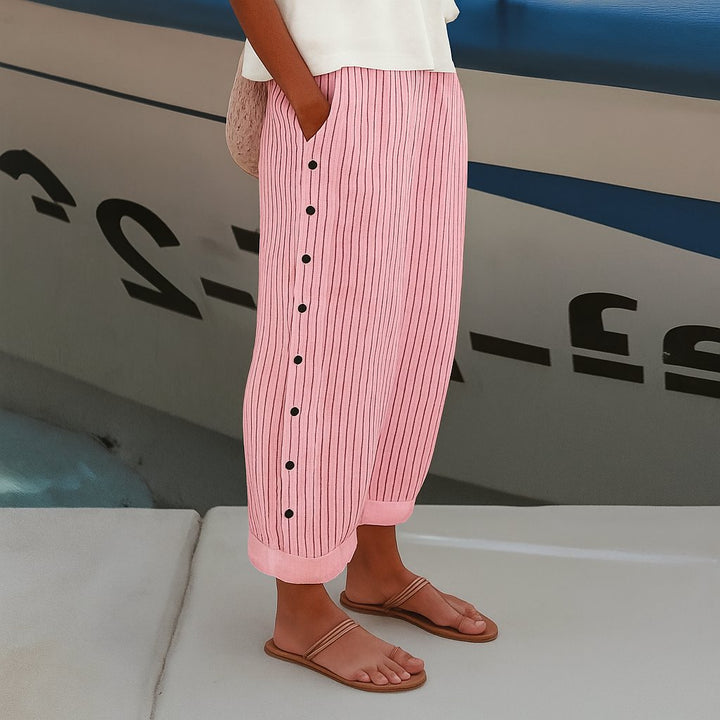 Hannah | Damen Linnen Gestreifte Relaxed-Fit Seitentaschen Hose