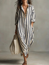 Luisa | Damen Leinen Gestreiftes Oversized Hemdkleid Maxi