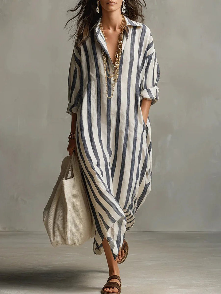 Luisa | Damen Linnen Gestreiftes Oversized Hemdkleid Maxi