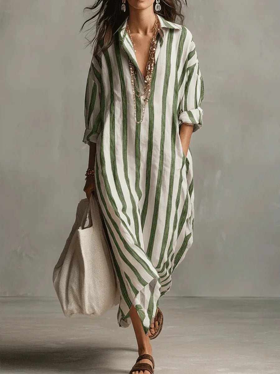 Luisa | Damen Linnen Gestreiftes Oversized Hemdkleid Maxi
