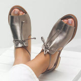 Elfriede | Damen Metallic Peeptoe Sandalen Schleifenriemen Flach
