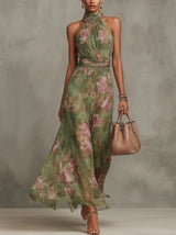 Marie | Damen Neckholder Chiffon Maxi Kleid mit Blumenmuster