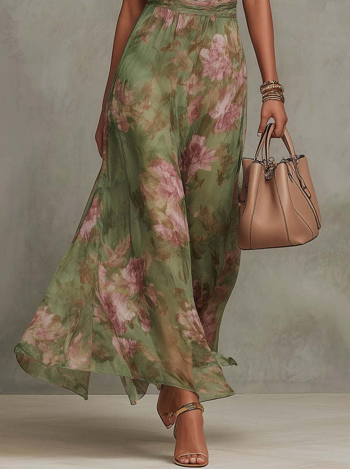 Marie | Damen Neckholder Chiffon Maxi Kleid mit Blumenmuster
