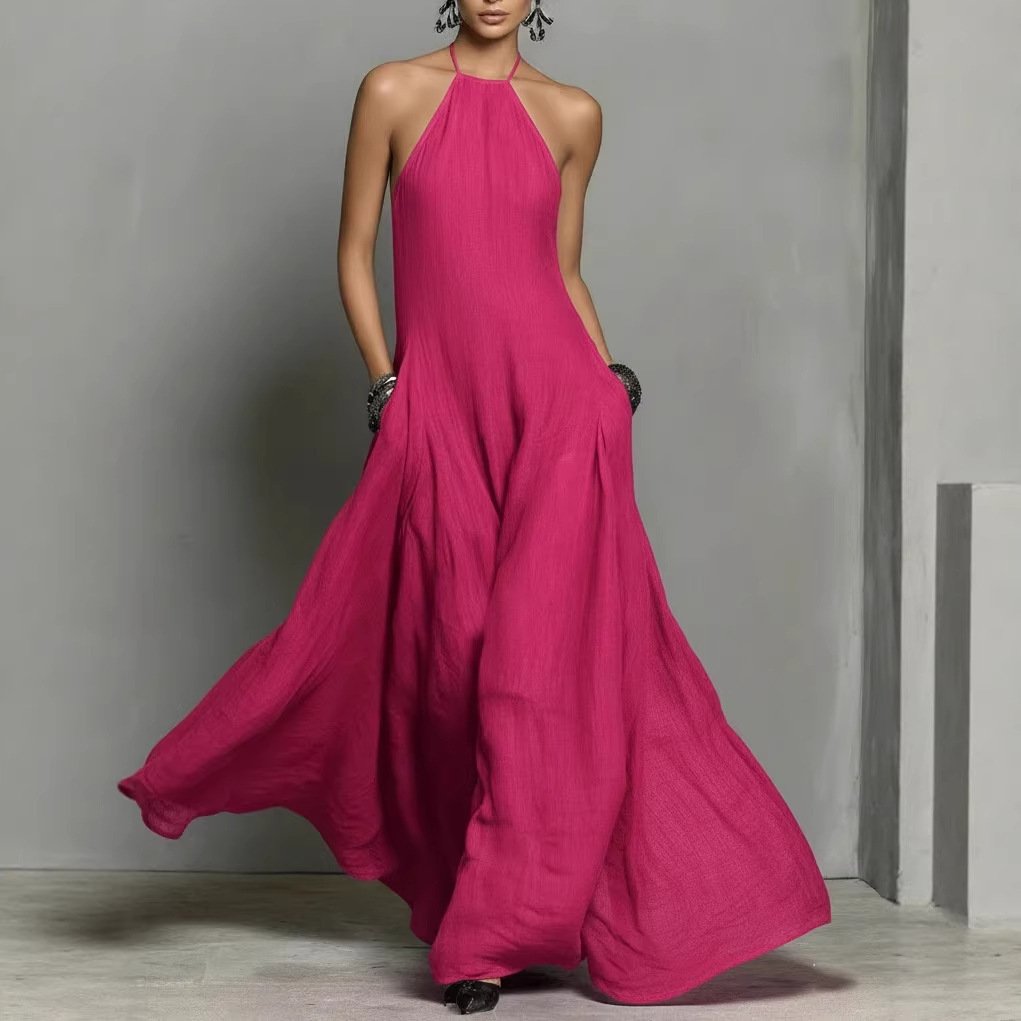 Katharina | Damen Neckholder Leinen Maxi Kleid Ärmellos
