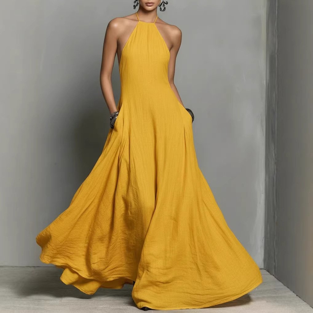 Katharina | Damen Neckholder Leinen Maxi Kleid Ärmellos