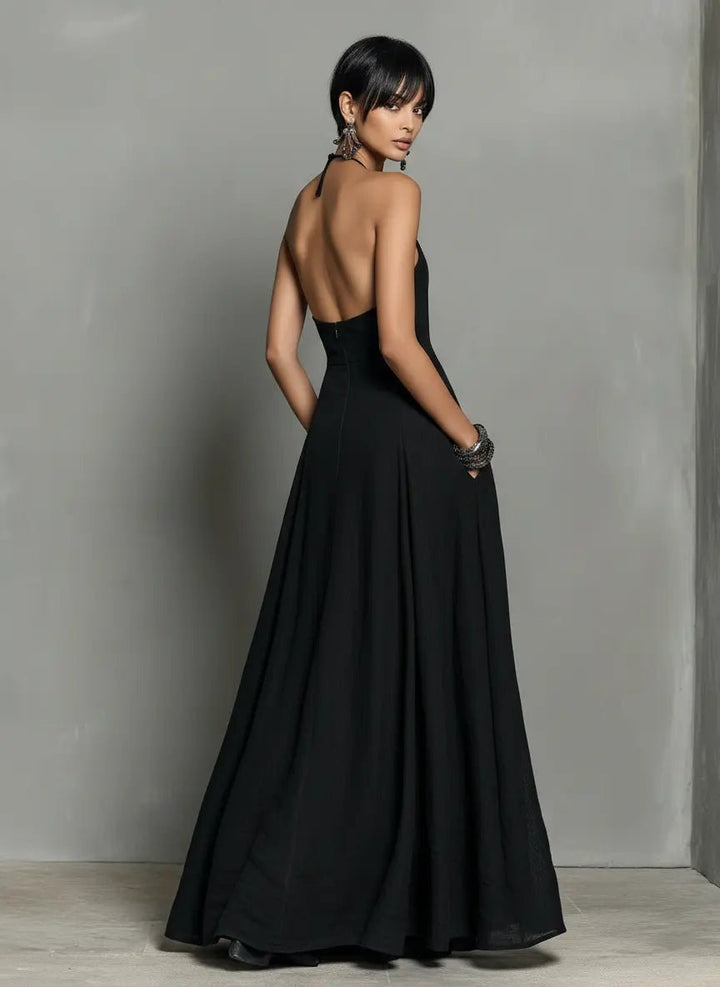 Katharina | Damen Neckholder Leinen Maxi Kleid Ärmellos