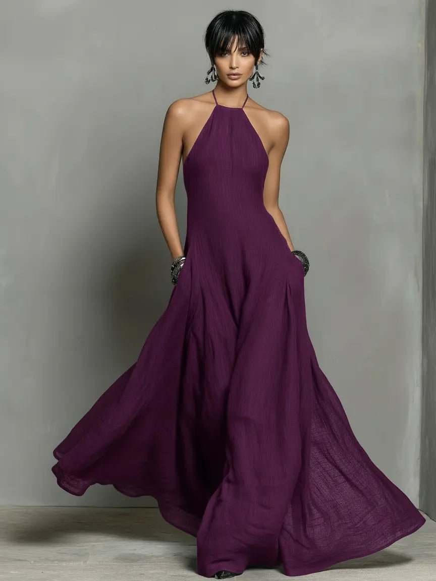 Katharina | Damen Neckholder Leinen Maxi Kleid Ärmellos