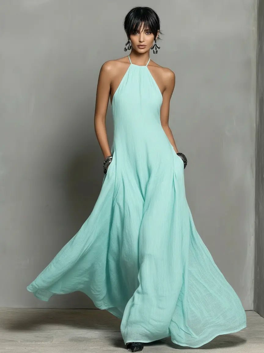 Katharina | Damen Neckholder Leinen Maxi Kleid Ärmellos