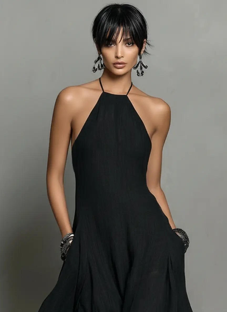 Katharina | Damen Neckholder Leinen Maxi Kleid Ärmellos