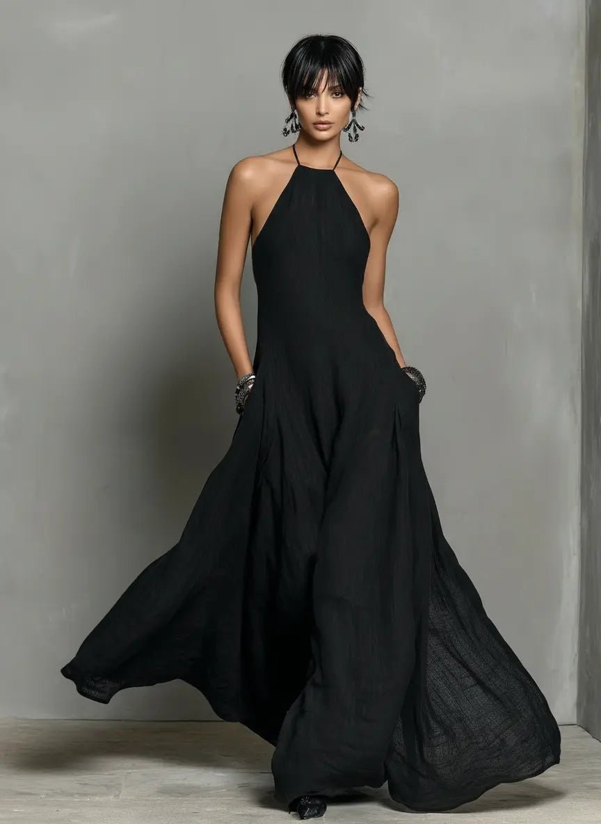 Katharina | Damen Neckholder Leinen Maxi Kleid Ärmellos