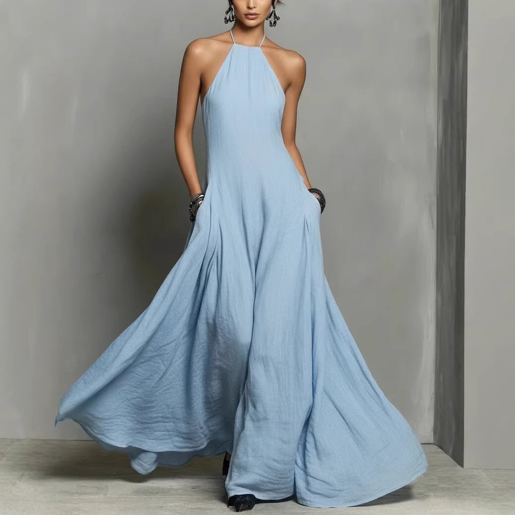 Katharina | Damen Neckholder Leinen Maxi Kleid Ärmellos
